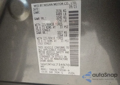 2016 Nissan Rogue Sl z USA, uszkodzony, nr VIN 5N1AT2MTXGC734970